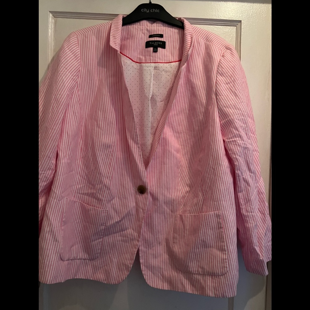 Pretty in pink and white stripes Talbots women linen like  blazer